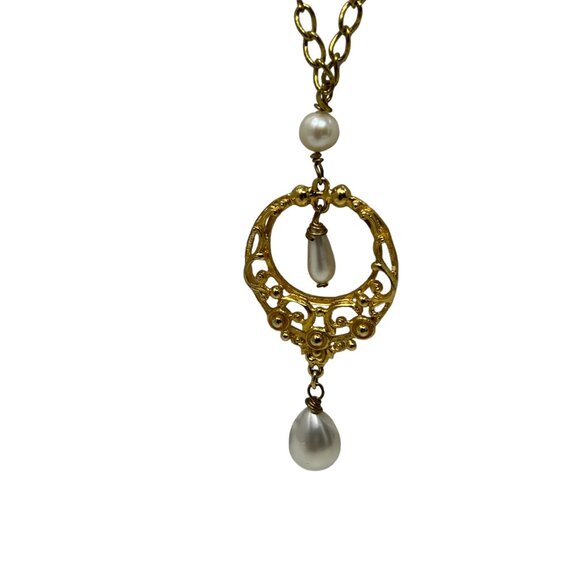 Vintage Florenza Necklace Long Statement Gold Tone Pearl Stations and Pendant - Picture 2 of 6